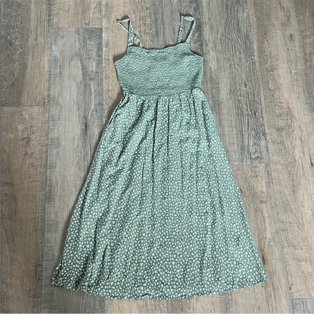 Smocked Green Floral Midi Sundress with pockets